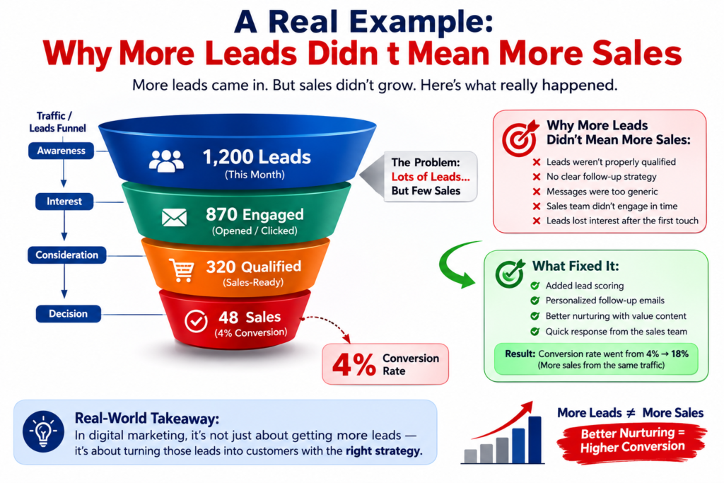 Real-world marketing funnel example showing why more leads did not mean more sales, with 1,200 leads progressing to 870 engaged, 320 qualified, and 48 sales, highlighting lead scoring, personalized follow-ups, nurturing, and faster sales responses to increase conversion from 4% to 18%.
