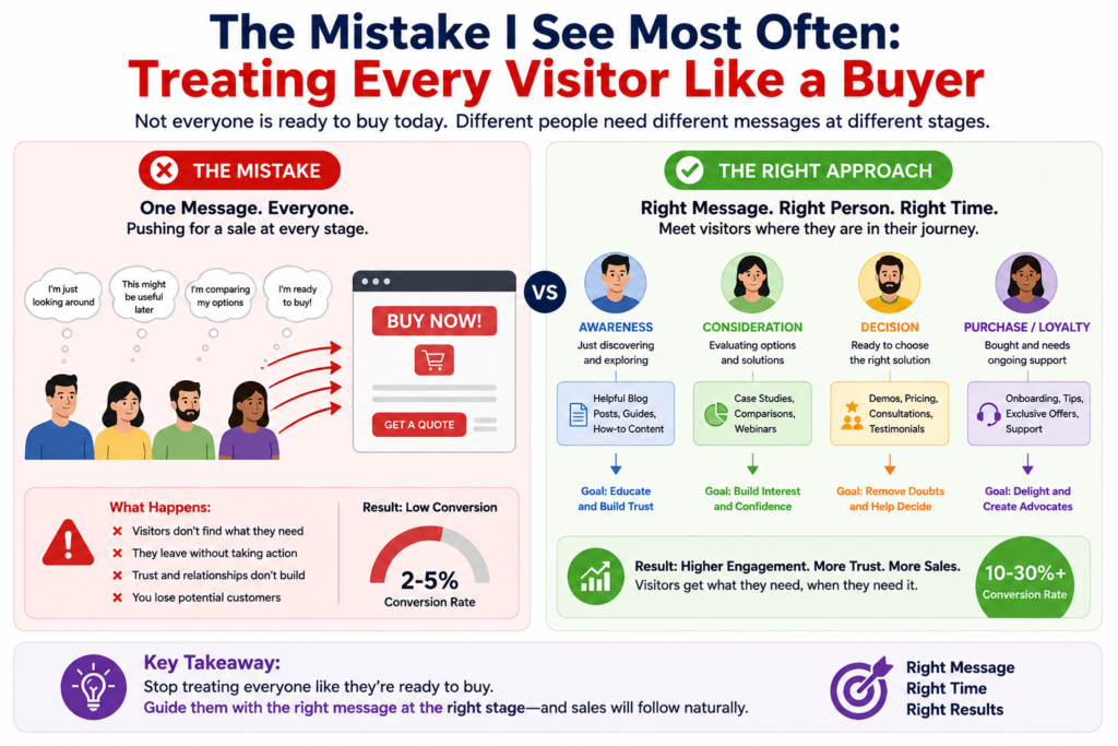 Marketing infographic comparing the mistake of treating every visitor like a buyer with the right approach of delivering the right message to the right person at the right stage, showing awareness, consideration, decision, and purchase stages to improve engagement, trust, and conversions.